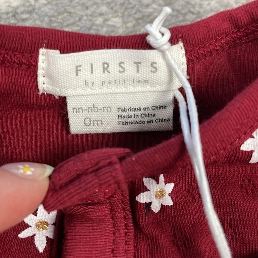 NWT Firsts by Petit Lem Newborn Baby Poinsettia Print Burgundy Pointelle Sleeper